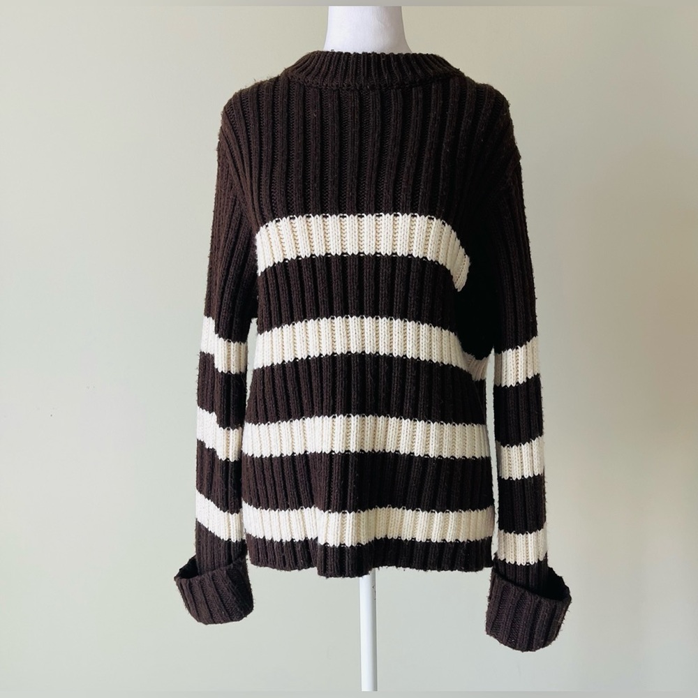 Zara Brown and Cream Striped Long Sleeve Crewneck thick Ribbed Sweater EUC - Picture 3 of 7